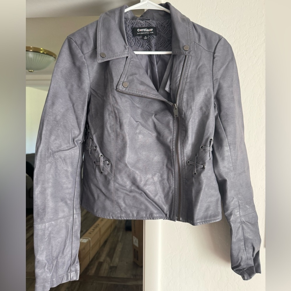 Coffee Shop Women Medium Charcoal Gray Faux Leather Moto Jacket